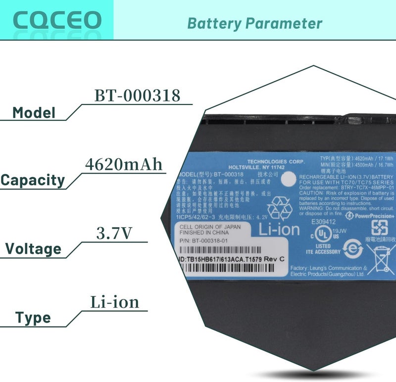 CQCEO بطارية بديلة 4620mah 6Pack BT-000318 لجهاز Zebra Symbol TC77 TC70 TC72 TC75 TC55 TC70X TC75X TC700H TC700K TC720L TC75BH TC75EK TC75AH TC75GK TC77HL BT-000318-01 لجهاز مسح الباركود - Image 2